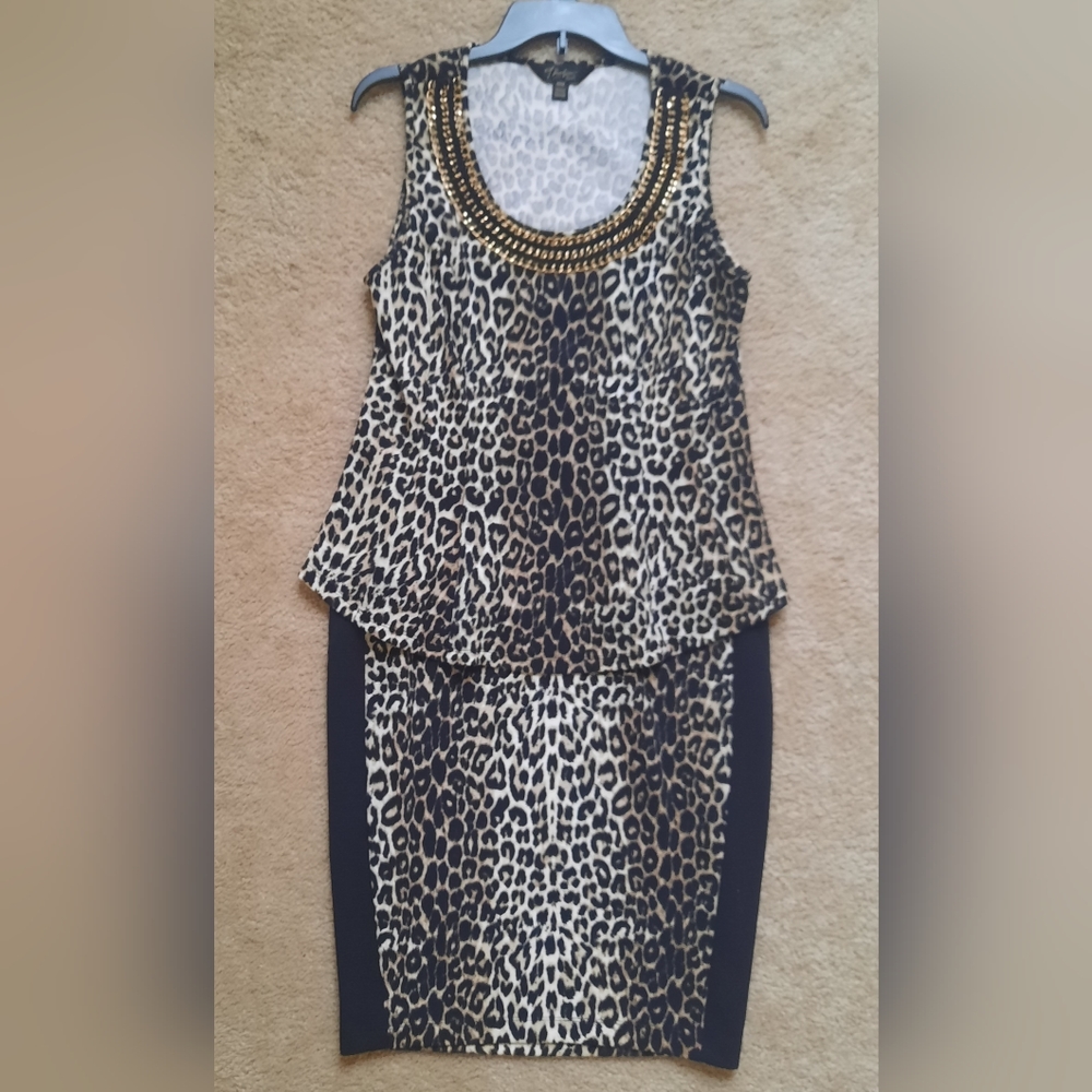Animal print 2 piece skirt set. Enhanced with gold jeweled trim at the neck.